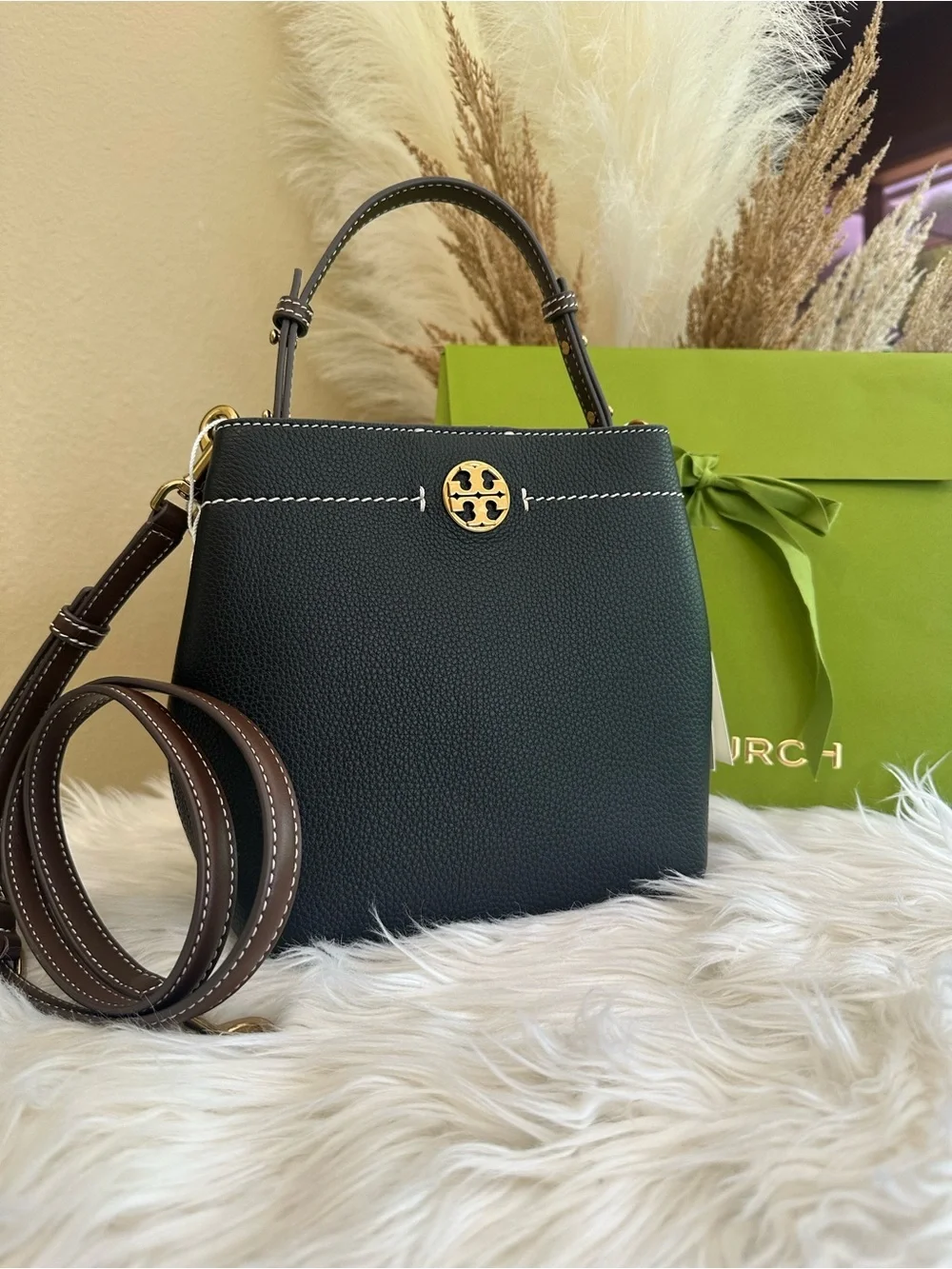 Tory Burch Black Leather Bucket Shoulder Bag with Gold Logo